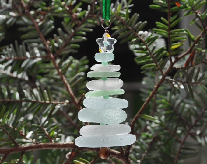 Sea Glass Christmas Tree Ornament, Delightful Stocking Stuffer, Unique Gift, Holiday Package Decor, Genuine Seafoam Mix with Flowered Star