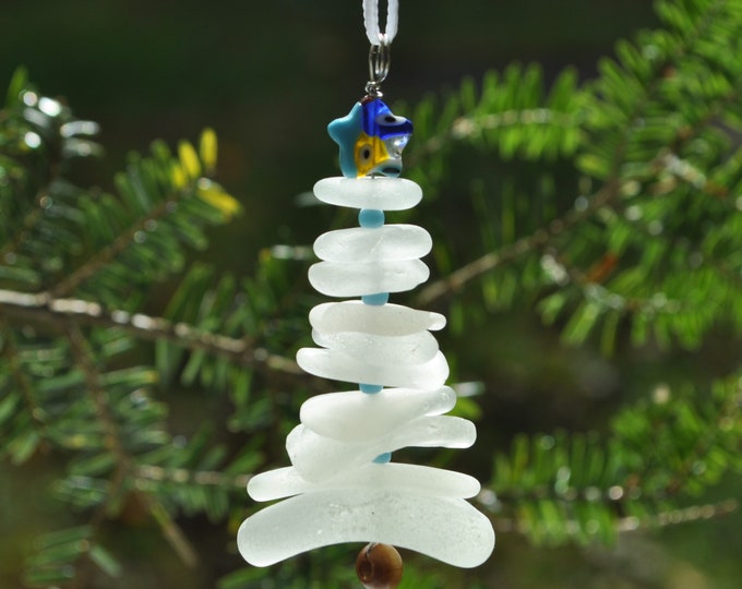 Sea Glass Christmas Tree Ornament, Delightful Stocking Stuffer, Unique Gift, Holiday Package Decor, Genuine White with Opaque Blue Star