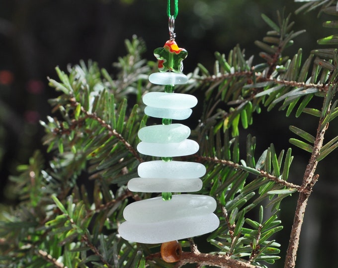 Sea Glass Christmas Tree Ornament, Delightful Stocking Stuffer, Unique Gift, Holiday Package Decor, Genuine Seafoam Mix and Green Star