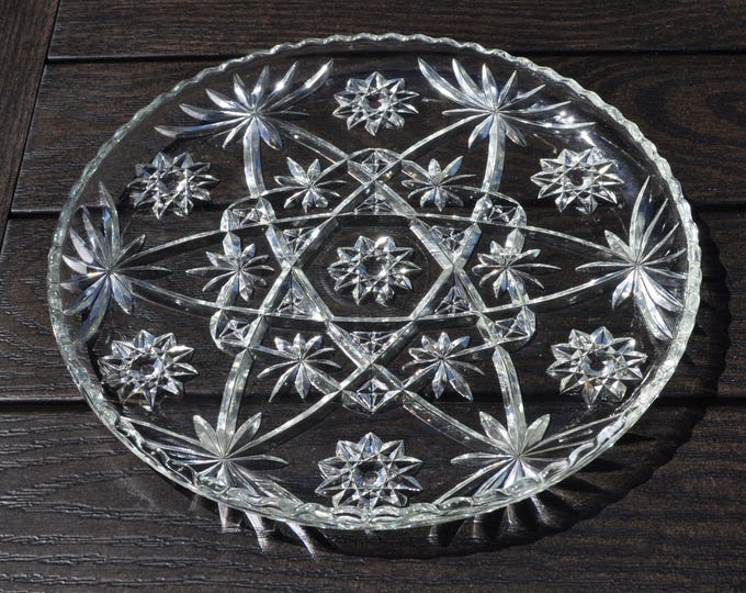 Large Prescut Cake Plate Clear Star of David Serving Platter 13.5"x1.25" Vintage Free Ship