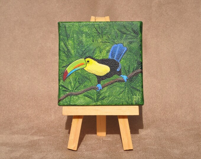 Tropical Toucan Miniature Painting with Easel Mini Canvas Fine Art Ornamental Table Accent Original Acrylic Painting Free Shipping
