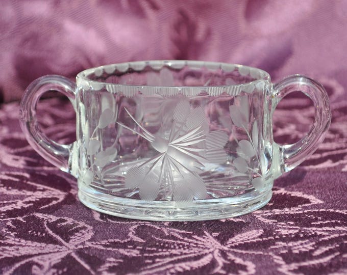 1940's Etched Open Sugar Bowl w/ Handles Butterfly Dragonfly Free Ship