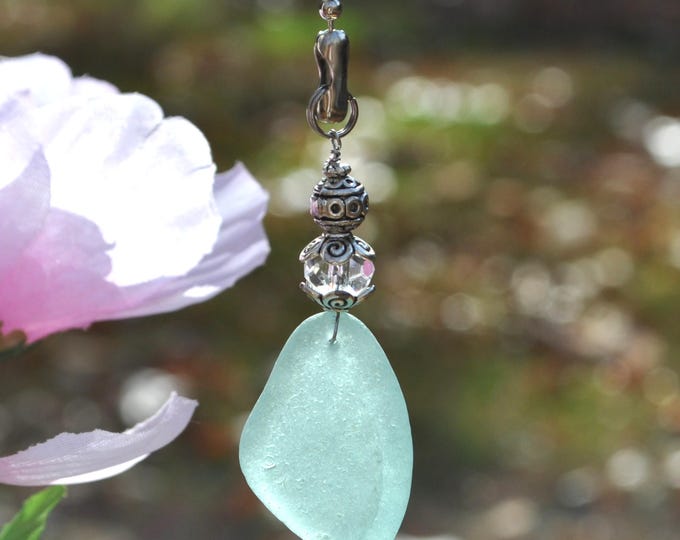 Decorative Fan Pull, Genuine Blue Sea Glass, Ceiling Light Pull, Sun Catcher, Frosty Drop 815, Lamp Pull, Beaded Pull, Beach Lover Gifts