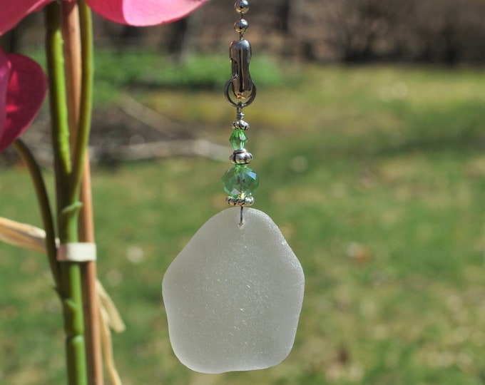 Genuine Sea Glass, Ceiling Fan, Light Pull, Sun Catcher Frosty White Drop 718, Decorative Lamp Pull, Unique Beaded Pull, Beach Lover Gifts,