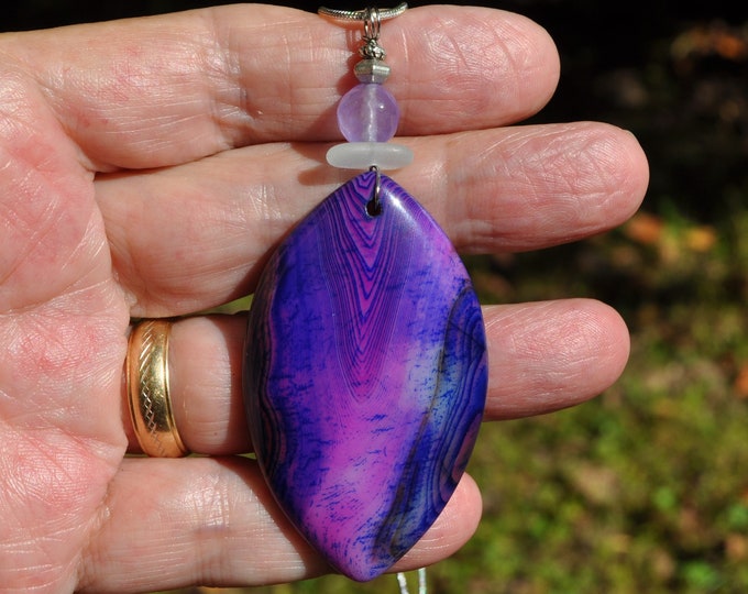 Rock Pendant, Onyx Agate Necklace, Striped Marquise, Genuine Sea Glass Accent, Faceted Alexandrite Gemstone, Sterling Chain Included B239