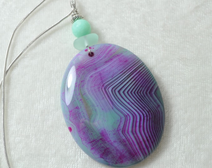 Rock Pendant, Onyx Agate Necklace, Purple and Green Striped Oval, Genuine Sea Glass Accent, Faceted Aquamarine, Sterling Chain Incl.  B250