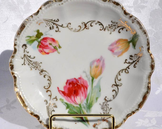 Vintage PM Bavaria Porcelain Tulip Plate Gold Accents 6.25" Scalloped Free Ship