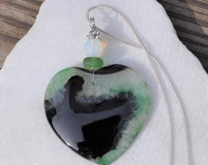 Stone Necklace, Geode Agate Pendant, Green and Black Onyx, Genuine Sea Glass Accent, Faceted Opalite Gemstone, Sterling Chain Included B367