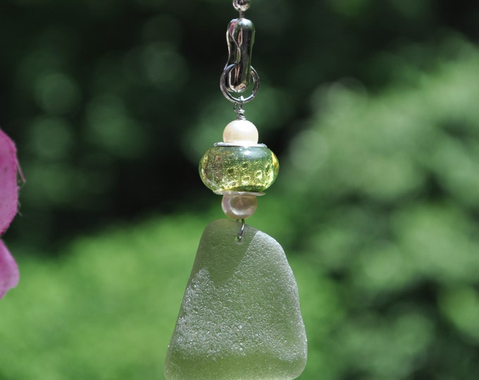 Beach Fan Pull, Genuine Sea Glass, Ceiling Fan Pull, Light Pull, Sun Catcher, Frosty Light Olive Green Drop 319, Ocean Gifts, Lamp Pull