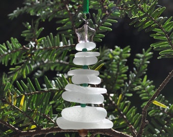 Sea Glass Christmas Tree Ornament, Delightful Stocking Stuffer, Unique Gift, Holiday Package Decor, Genuine White Sea Glass with Purple Star