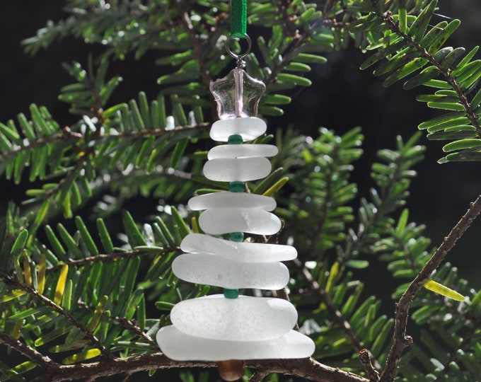 Sea Glass Christmas Tree Ornament, Delightful Stocking Stuffer, Unique Gift, Holiday Package Decor, Genuine White Sea Glass with Purple Star