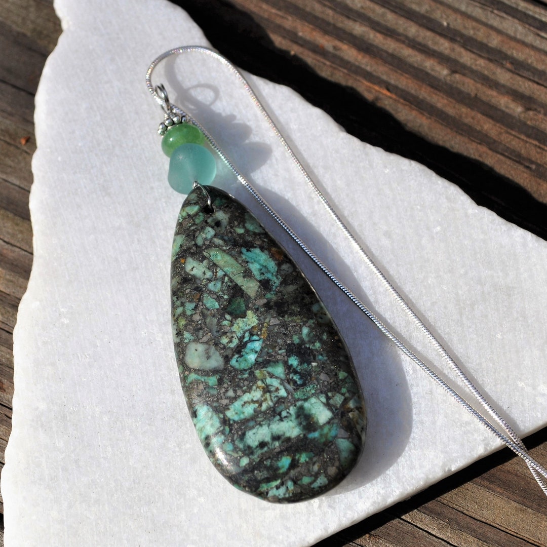 Matrix Pyrite Turquoise Necklace Pendant, Large Green Waterdrop ...