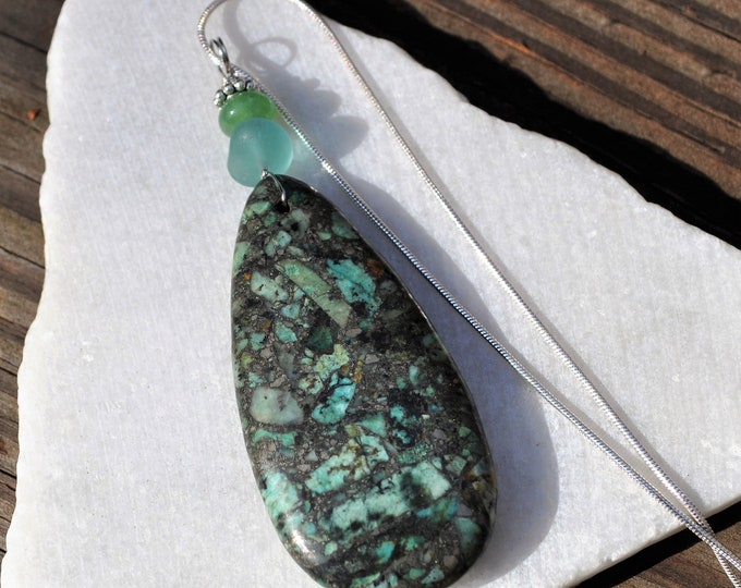 Matrix Pyrite Turquoise Necklace Pendant, Large Green Waterdrop, Genuine Sea Glass Accent, Aventurine Gemstone, Sterling Chain Included B17