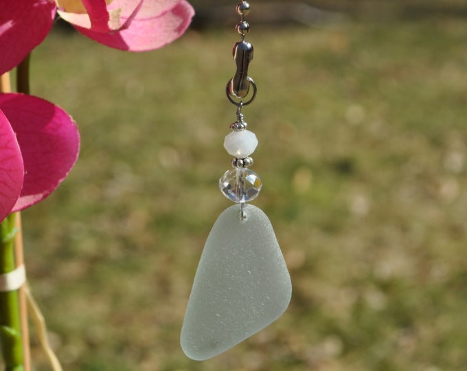 Decorative Fan Pull, Genuine Sea Glass, Ceiling Light Pull, Sun Catcher, Frosty Light Seafoam Drop 567, Lamp Pull, Beaded Pull, Beach Gifts