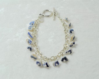 Sea Glass Jewelry Beach Bracelet in Hawaiian Blue Pottery Charms Wrapped Bangle with Sterling Silver Free Shipping 5462