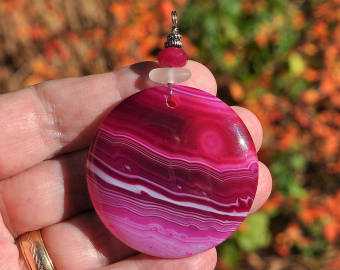 Rock Pendant, Onyx Agate Necklace, Large Striped Pink, Genuine Sea Glass Accent, Faceted Fuschia Jade Gemstone, Sterling Chain Included B155