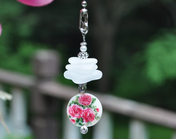 Decorative Light Pull, Genuine Sea Glass, Ceiling Fan Pull, Light Pull, Suncatcher, Frosty White Stack 742, Coastal Gifts, Beaded Pull