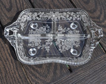 Divided Rectangular Serving Dish Etched & Footed Martinsville 12"x8" Vintage Free Ship