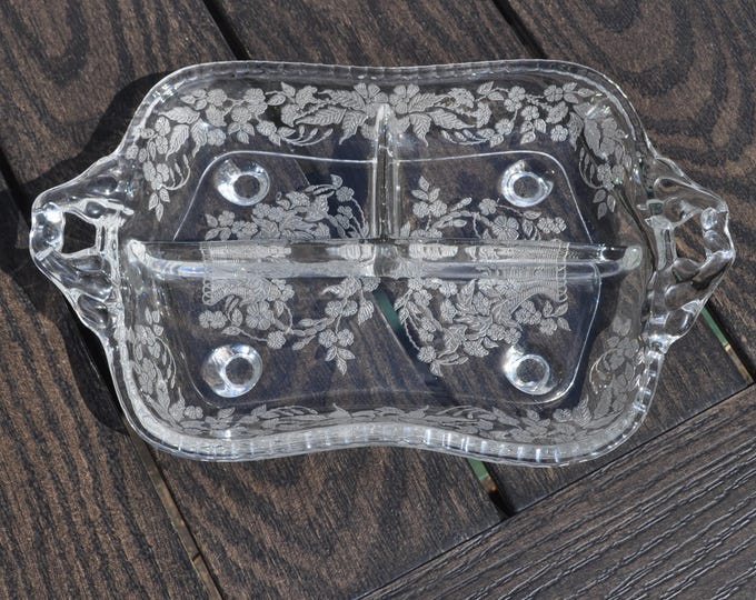 Divided Rectangular Serving Dish Etched & Footed Martinsville 12"x8" Vintage Free Ship