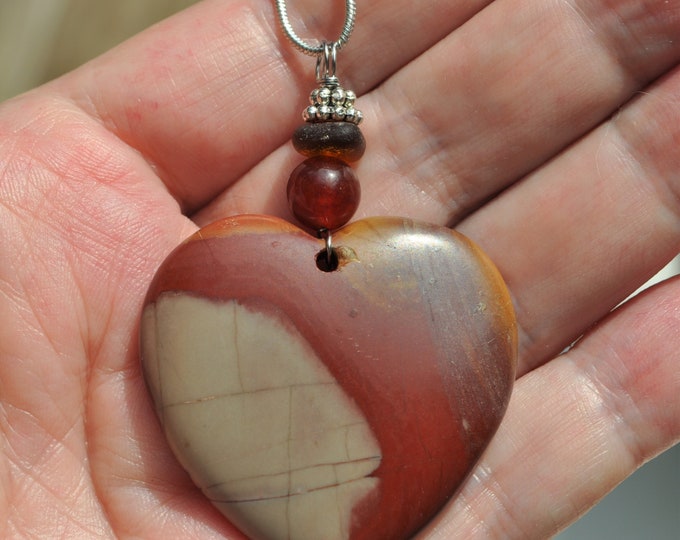 Picture Jasper Necklace Pendant, Large Natural Heart, Genuine Sea Glass Accent, Carnelian Gemstone, Sterling Chain Included B307