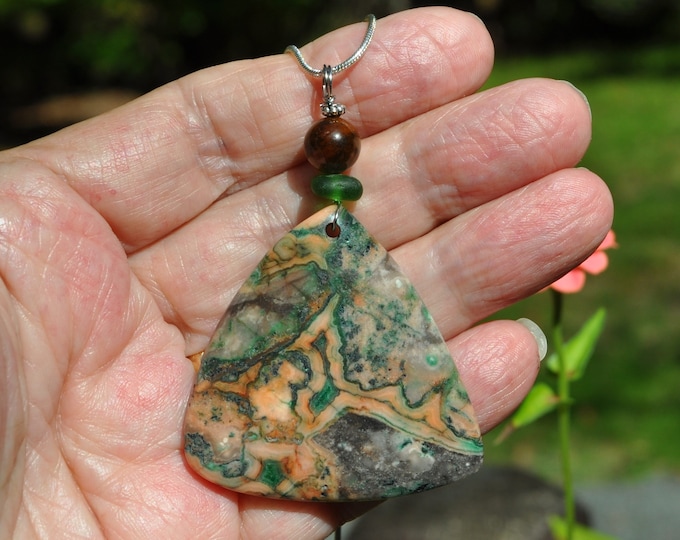 Lace Agate Pendant Necklace, Triangular Large Green and Brown, Genuine Sea Glass Accent, Tiger Eye Gemstone, Sterling Chain Included B29