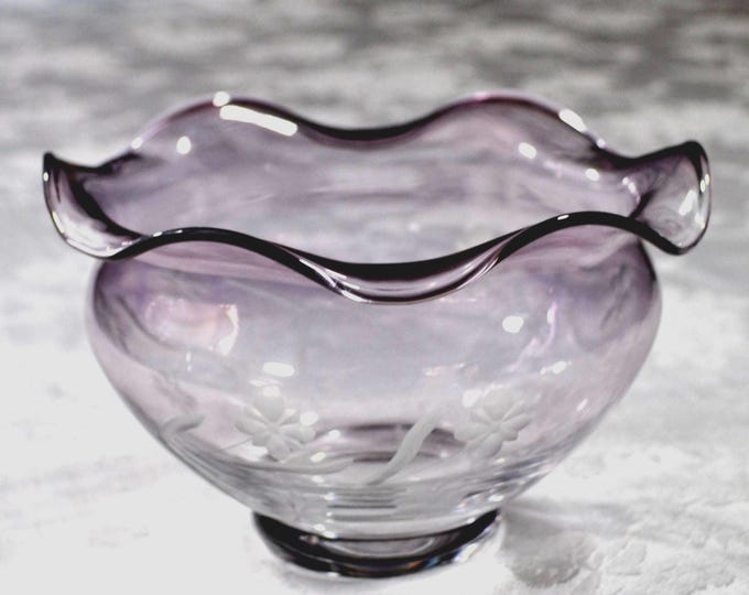 Vintage Lenox Fade to Clear Amethyst Etched Bowl Floral Spirit Ruffled 7" Free Ship