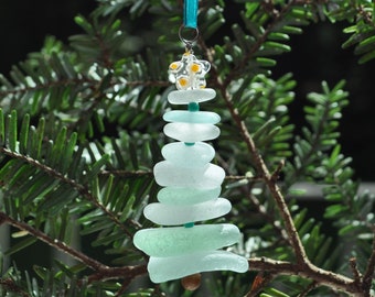 Sea Glass Christmas Tree Ornament, Delightful Stocking Stuffer, Unique Gift, Holiday Package Decor, Genuine Seafoam Mix & Yellow/White Star