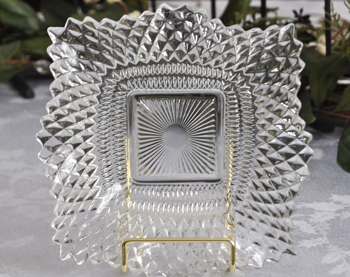 Clear Diamond Point Square w/ Ruffled Edge Dish Federal Glass 7x7x1.5" Vintage Free Ship