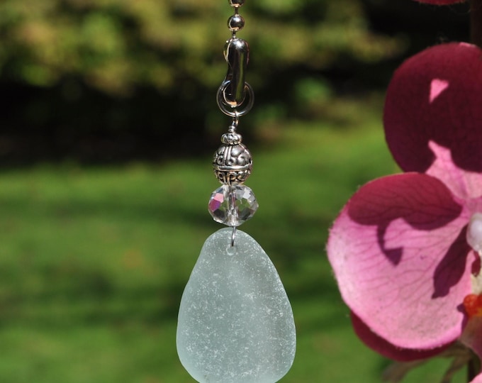 Decorative Fan Pull, Genuine Medium Blue Sea Glass Ceiling Light Pull, Sun Catcher, Frosty Drop 809, Lamp Pull, Beaded Pull, Coastal Art