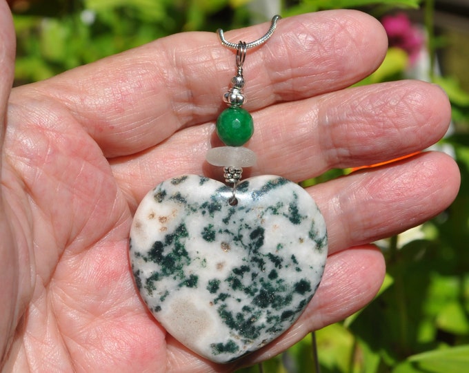 Moss Agate Pendant Necklace, Large Heart Shaped, Genuine Sea Glass Accent, Faceted Emerald Gemstone, Sterling Chain Included B126