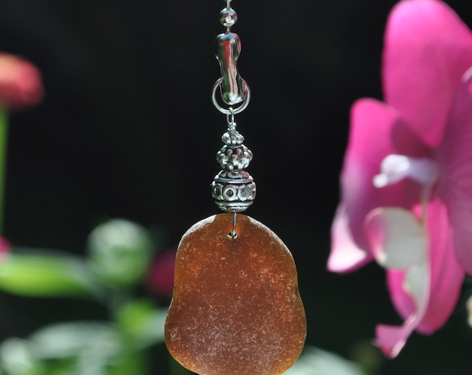 Ceiling Lighting Pull, Genuine Sea Glass, Ceiling Fan Pull, Light Pull, Suncatcher, Frosty Brown Drop 610, Coastal Gifts, Lamp Pull, Beaded