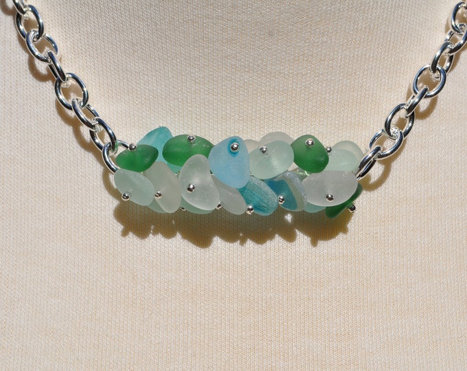 Gorgeous Sea Glass Jewelry Beach Glass Twist Necklace Heavy Statement Necklace Solid Sterling Silver Multi Colored Mix Free Shipping 3593