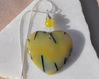 Onyx Agate Necklace Pendant, Large Yellow Green Heart, Genuine Sea Glass Accent, Faceted Peridot Gemstone, Sterling Chain Included B205