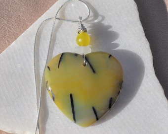 Onyx Agate Necklace Pendant, Large Yellow Green Heart, Genuine Sea Glass Accent, Faceted Peridot Gemstone, Sterling Chain Included B205
