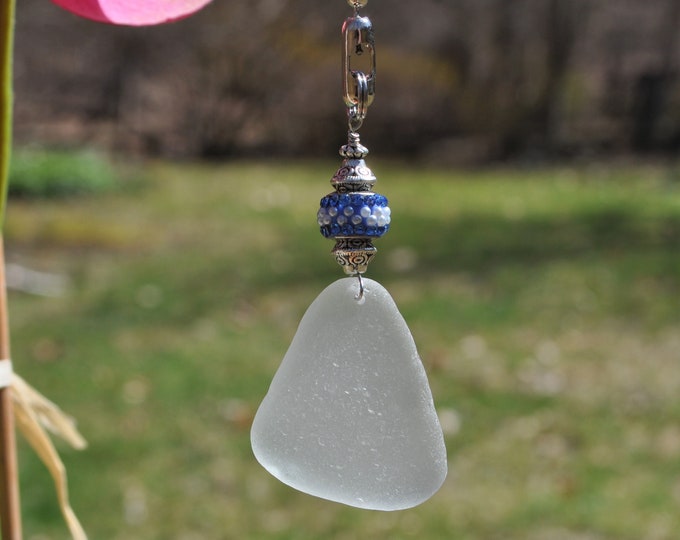 Genuine Sea Glass, Ceiling Fan, Light Pull, Suncatcher, (slight hint of green) Frosty White Drop 724, Decorative Lamp Pull, Ocean Gifts