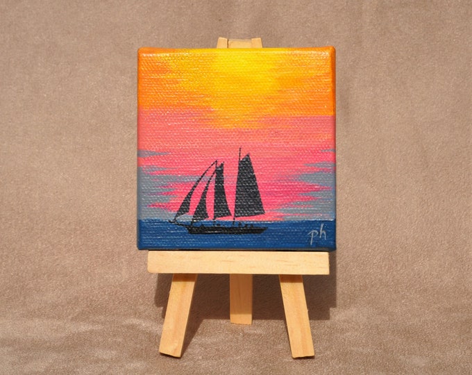 Sunset Sail Miniature Painting with Easel Mini Canvas Fine Art Ornamental Table Accent Original Acrylic Painting Free Shipping