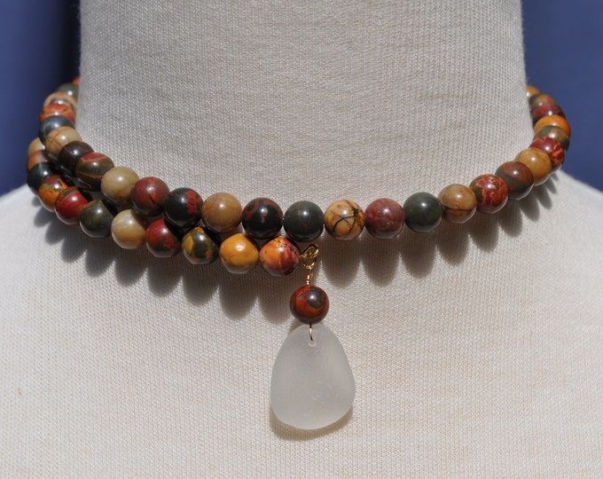 One Size Fits Wrap Around Necklace Picasso Jasper Gemstone Necklace with Genuine White Sea Glass 14k Gold Filled Free Shipping 8205