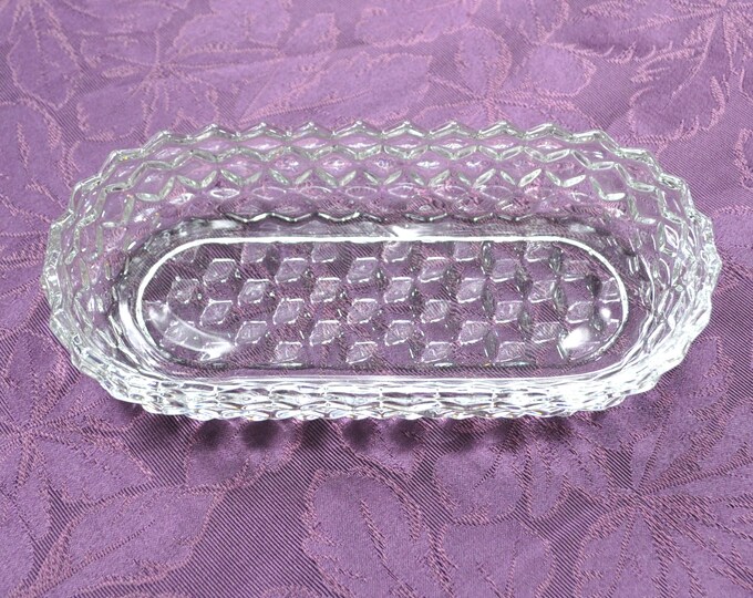 Clear Cube Oval Side Dish - Celery- Fostoria American Cubist Pattern 10"x4 7/8" Vintage Free Ship