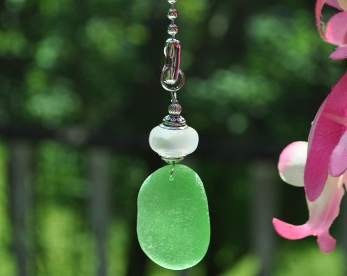 Decorative Fan Pill, Genuine Sea Glass, Ceiling Fan Pull, Light Pull, Suncatcher, Frosty Green Drop 450, Lamp Pull, Unique Beach Gifts