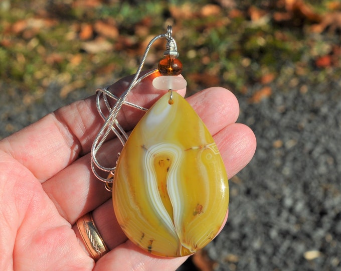 Onyx Agate Pendant Necklace, Large Yellow and White Waterdrop, Genuine Sea Glass Accent, Brown Glass Bead, Sterling Chain Included B119