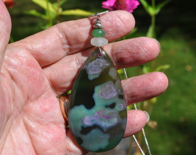 Dream Fire Agate Pendant Necklace, Large Deep Green Waterdrop, Genuine Sea Glass Accent, Jade Gemstone, Sterling Chain Included B49