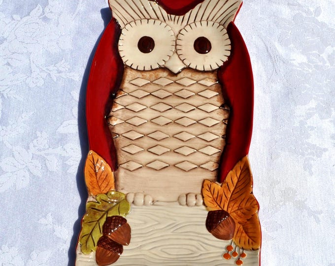 Vintage Grasslands Road Owl Platter Plate 12"x6.25" Ceramic Owl Free Ship