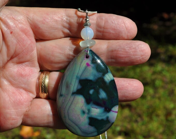 Dream Fire Agate Pendant Necklace, Large Green and Beige Teardrop, Genuine Sea Glass Accent, Opalite Gemstone, Sterling Chain Included B111