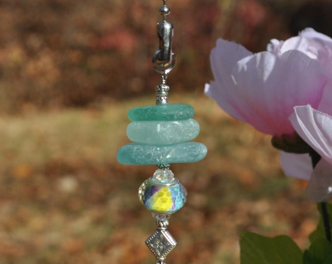 Ceiling Fan Pull, Genuine Sea Glass, Light Pull, Decorative Suncatcher, Frosty Blue Varied Mix Stack 823, Beaded Pull, Unique Beach Gifts