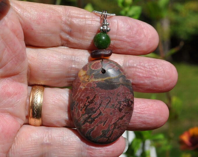 Rock Necklace, Picasso Jasper Pendant, Natural Brown Oval Stone, Genuine Sea Glass Accent, Jade Gemstone, Sterling Chain Included B87