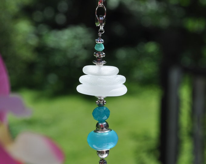 Glass Fan Pull, Genuine Sea Glass, Ceiling Fan Pull, Light Pull, Suncatcher, Frosty White Stack 737, Lamp Pull, Beaded Pull, Beach Gifts