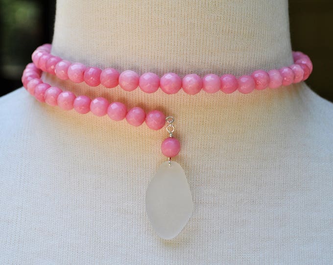 One Size Fits Wrap Around Necklace Faceted Pink Ruby Gemstone Necklace w/ Genuine White Sea Glass Sterling Silver Free Shipping 5467