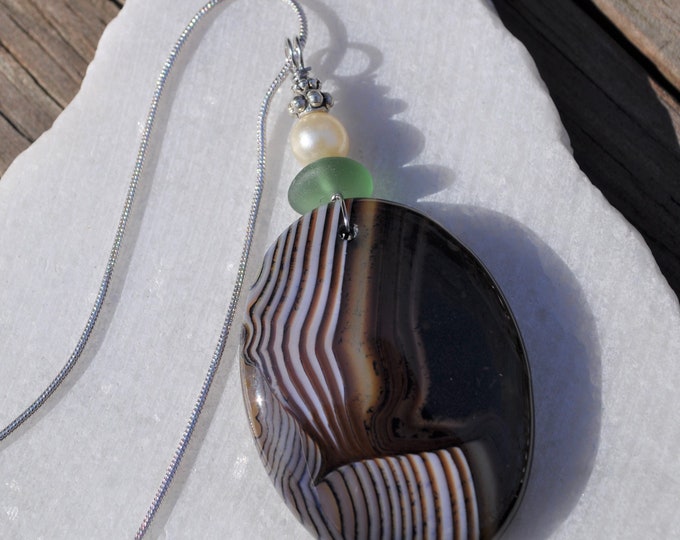 Rock Necklace, Onyx Agate Pendant, Large Purple Striped Oval Stone, Genuine Sea Glass Accent, Pearl Bead, Sterling Chain Included  B201