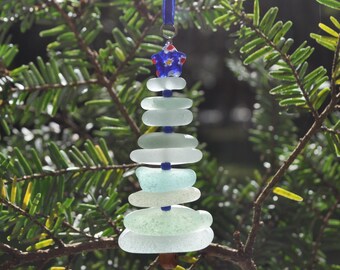 Sea Glass Christmas Tree Ornament, Delightful Stocking Stuffer, Unique Gift, Holiday Package Decor, Genuine Seafoam Mix & Dark Blue Star