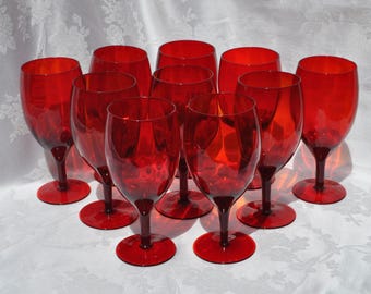 Ruby Red Vertical Amberina Wine Goblets Set/10 Hand Blown Approx 7"x3" Vintage Free Ship